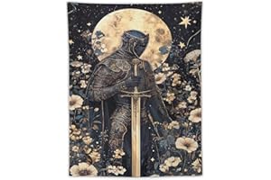 Tapestry Wall Hanging Ornate Armored Knight With Sword Under Full Moon & Flowers Dark Blue Background Fantasy Style For Bedro