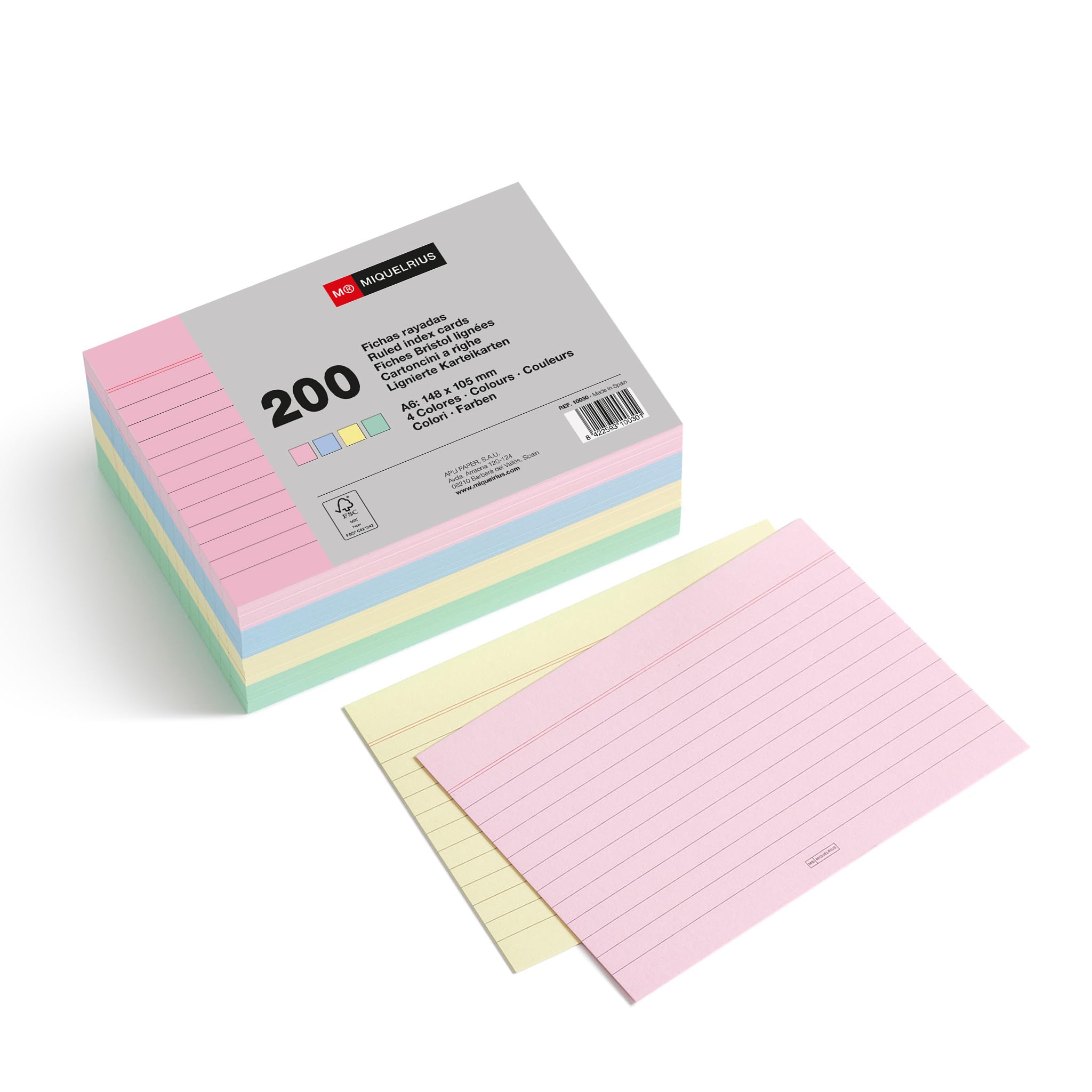 Miquelrius - Flashcards for Study, 200 Pastel Coloured Ruled Sheets, Size A6 (148 x 105 mm), Offset Card Paper 200 g/m², Office and School Supplies for Back to School