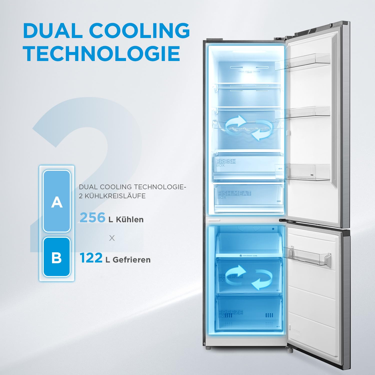 Midea Kühlschrank mit Gefrierfach MDRB521MGA46O | 378L Kühl-Gefrierkombination (256L + 122L) | Inverter Kompressor, NoFrost, Metal Cooling | Leise 29 dB, 113 kWh/Jahr | 201 cm Höhe, ‎ Edelstahl 5