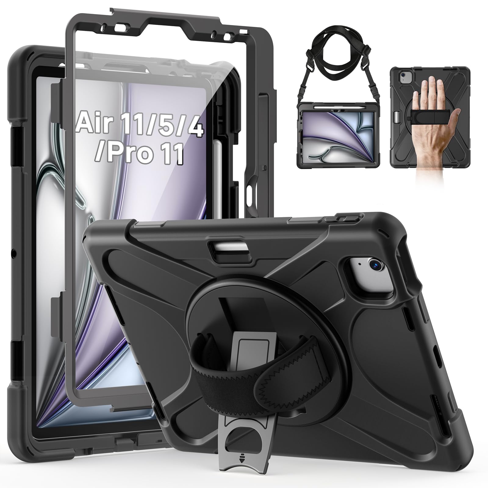 Gerutek for Case iPad Air 5/Air 4/ iPad Pro 11 with Screen Protector, Shockproof Full body Drop-proof [Pencil Holder][Rotating Stand] [Shoulder Strap] Rubber Protective Case for iPad Pro 11 inch,Black — image 1