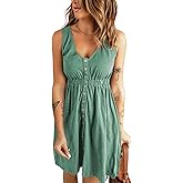 BLENCOT Women's Summer V Neck Button Down Dress Casual Sleeveless Pleated Swing T-Shirt Midi Dresses Green XS