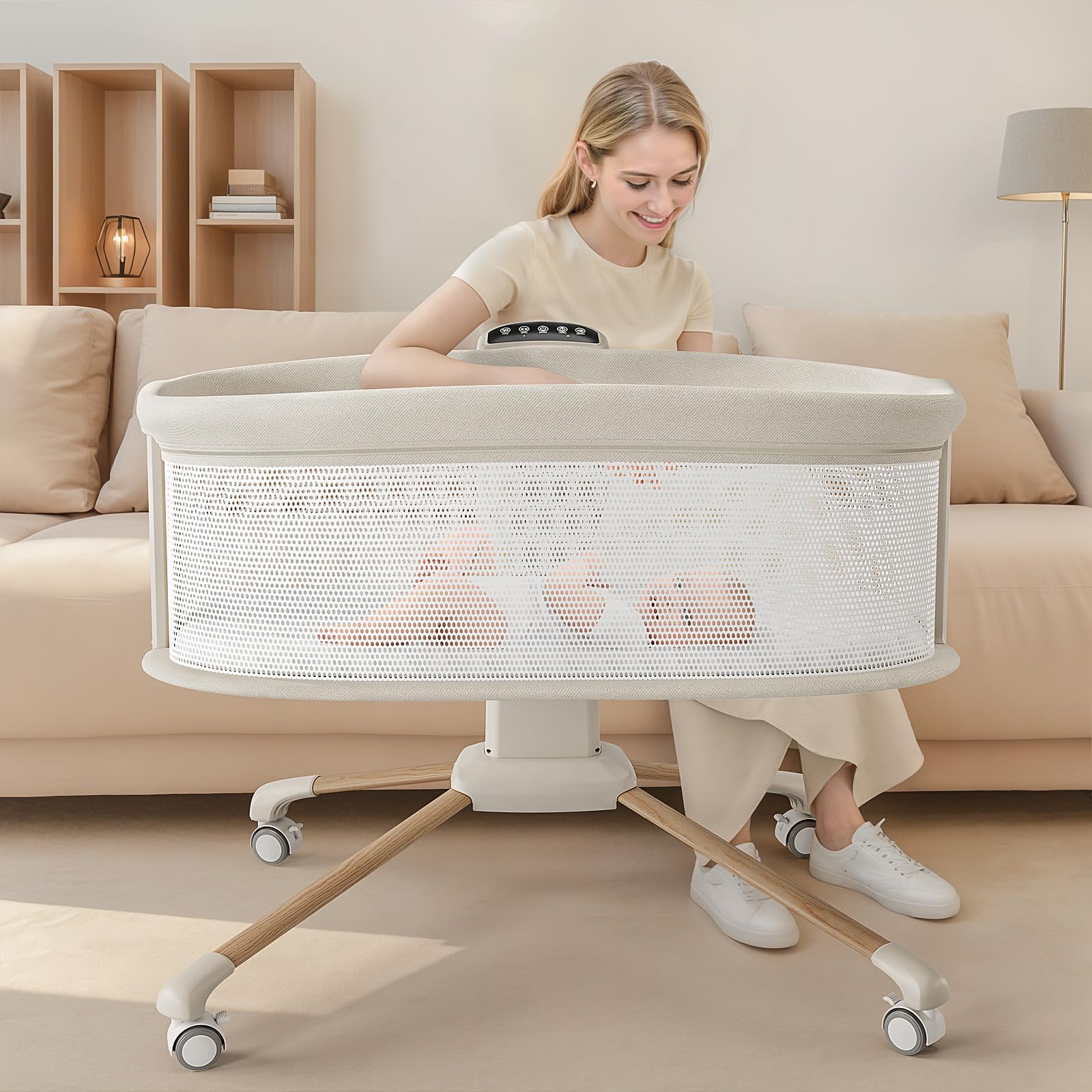 Photo 1 of Electric Smart Soothing Baby Bassinet with 5 Rocking Speeds, 3 Timer Modes, 12 Soothing Musics, 3 Adjustable Heights, Breathable Mesh Sides and Mosquito Net