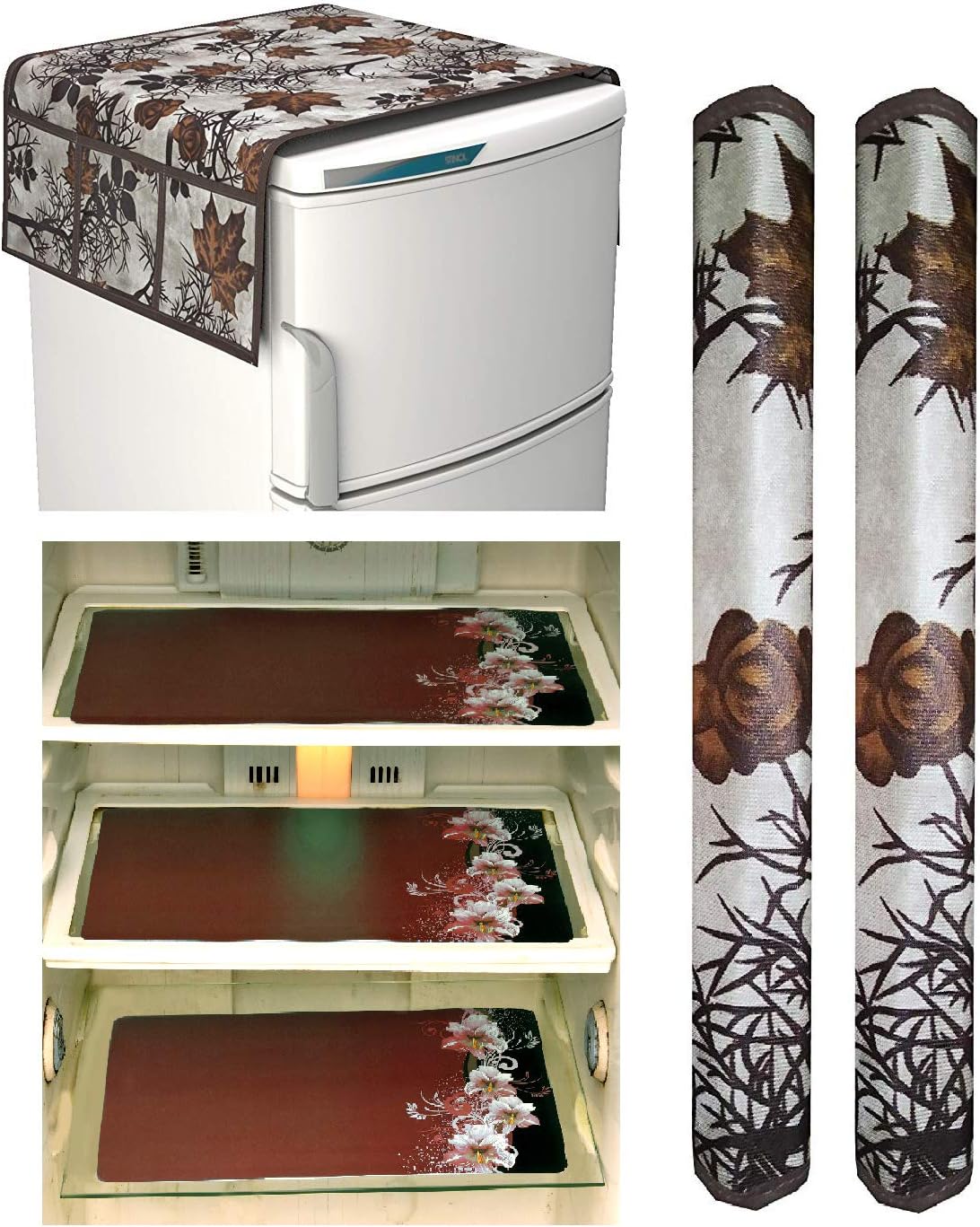 Unique Productions Fact core Fabric Combo of Leaf Refrigerator Cover with 2 Handle Cover and 3 Fridge Mats , (Standard Size, Multicolour) - Set of 6 Pieces