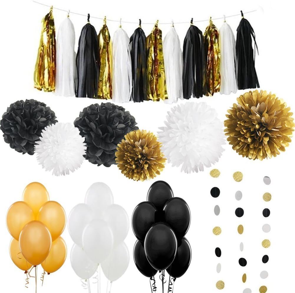 Sparklelife Gold Party Decoration Black White Glitter Gold Tissue Paper Pom Pom Paper Tassel Garland Paper Circle Garland for New Years Party Decor Black