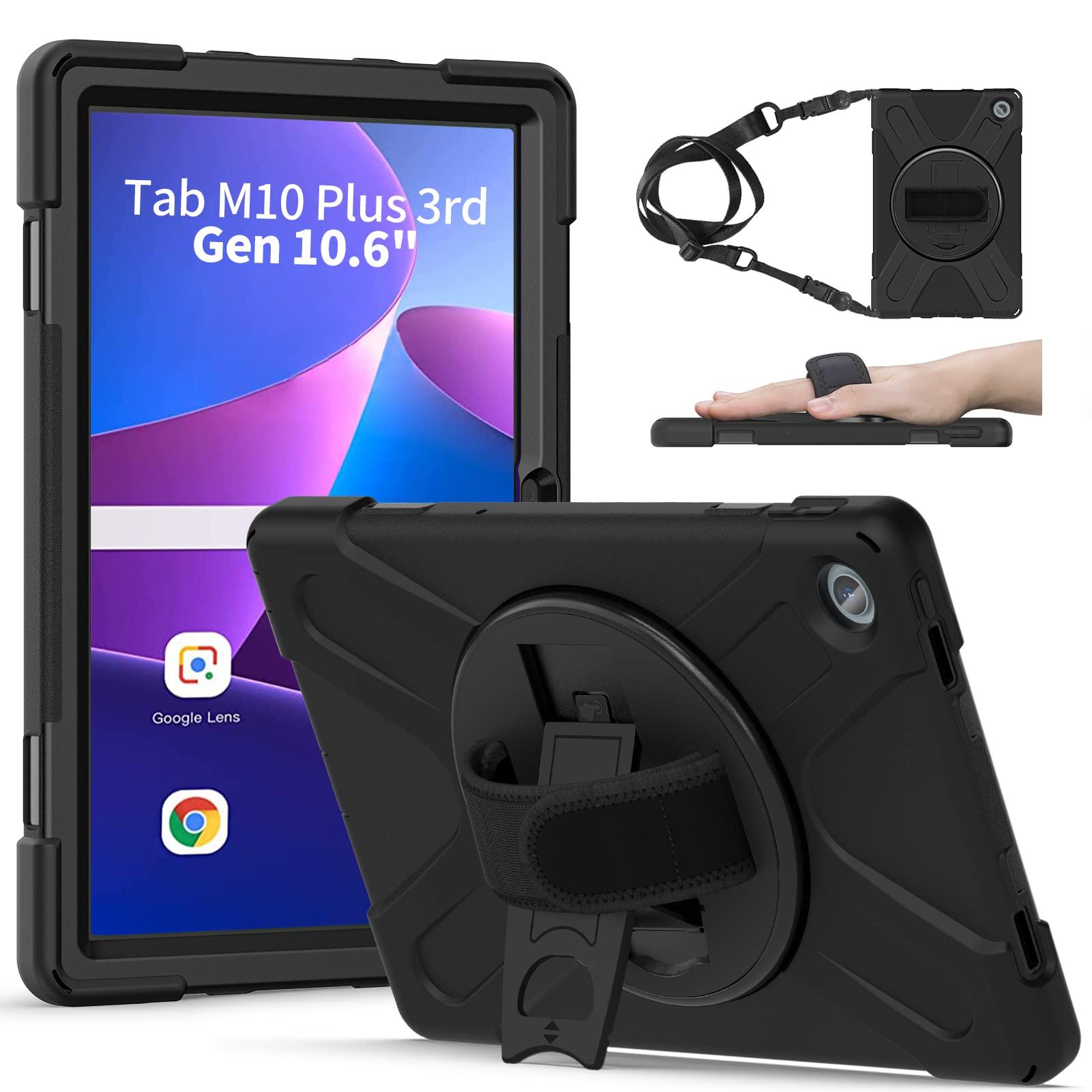 Gerutek Shockproof Case for Lenovo Tab M10 Plus 3rd Gen 10.6" 2022 (TB-125FU/TB-128FU/TB-128XU), Lenovo Tab M10 Plus 3rd Generation Heavy Duty Rugged Case with 360 Stand,Hand/Shoulder Strap,Black