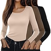 Riyiper 3 Pack Women's Long Sleeve Shirts Scoop Neck Tight Slim Fit Tops Casual Stretchy Basic Tee Layer Undershirts(Black, Dark Coffee, Beige,Medium)