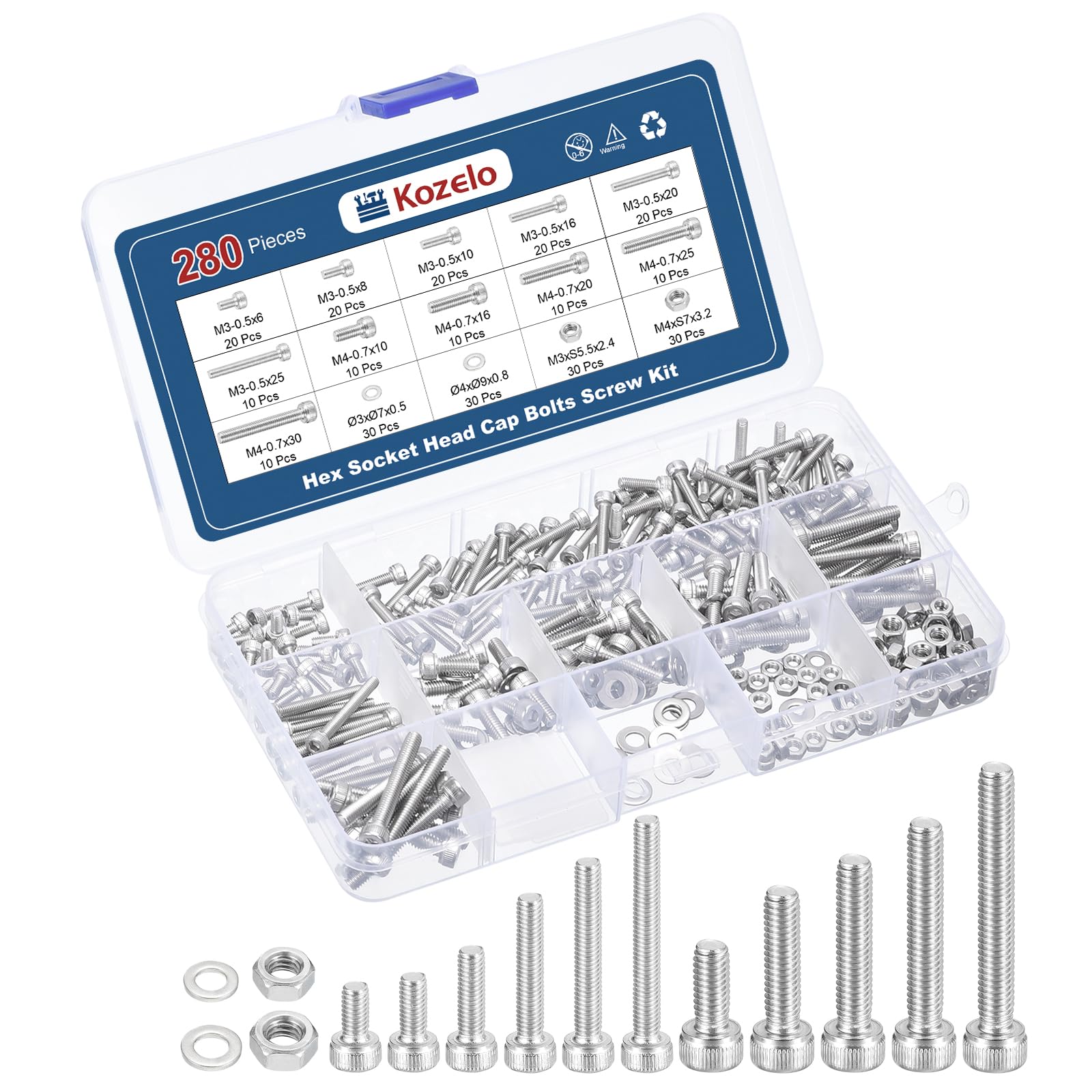 Kozelo 270pcs Socket Head Cap Screws Bolts Nuts Assortment Kit - [M3/M4] 304 Stainless Steel Allen Socket Drive for 3D Printer