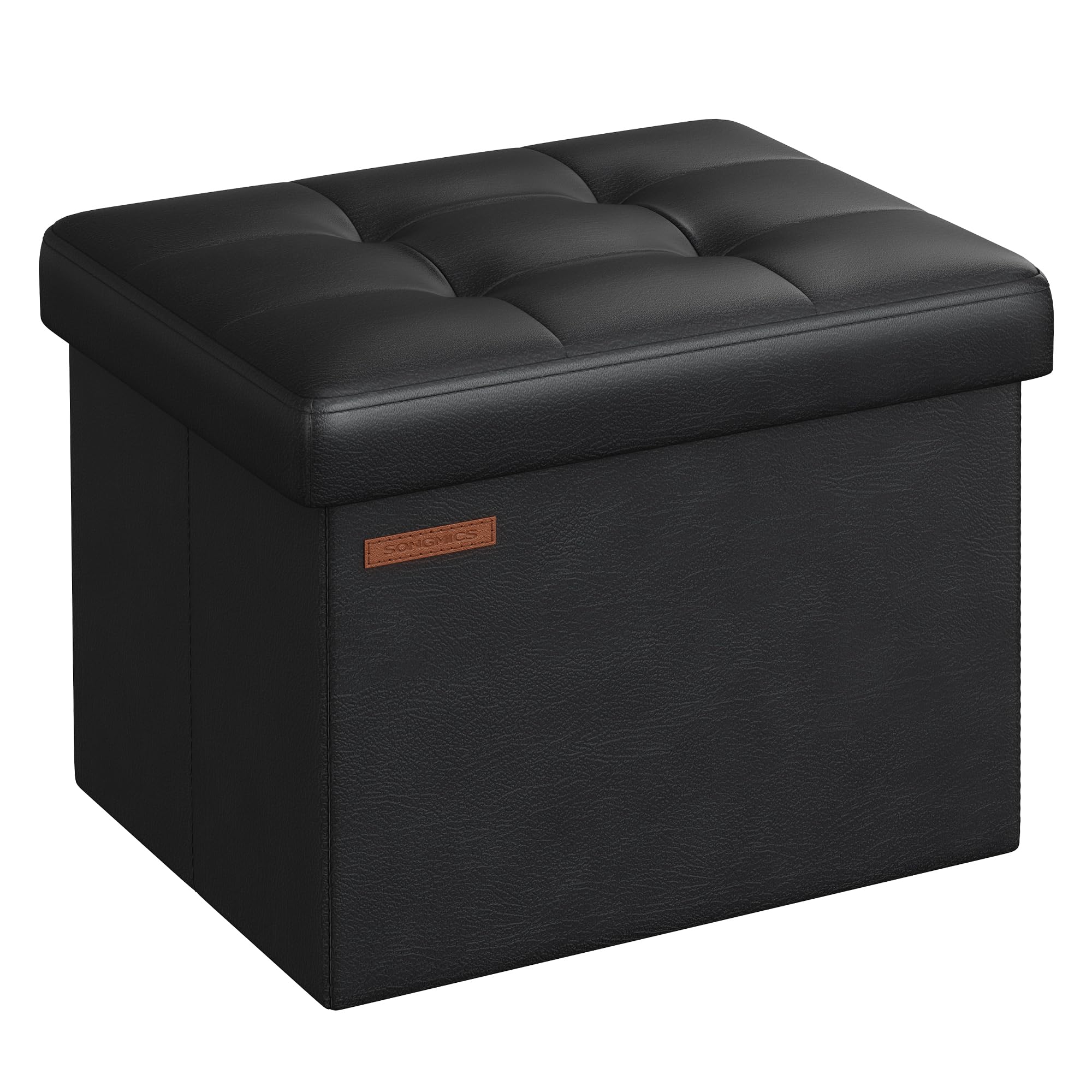 SONGMICS Small Folding Storage Ottoman, Foot Rest Stool, Cube Footrest, Synthetic Leather, 12.2 x 16.1 x 12.2 Inches, 286 lb Capacity, for Living Room, Bedroom, Dorm, Ink Black ULSF100B01 Image