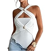 OYOANGLE Women's Metal Ring Linked Criss Cross Cut Out Bodysuits Sleeveless Fitted Body Suit Tops