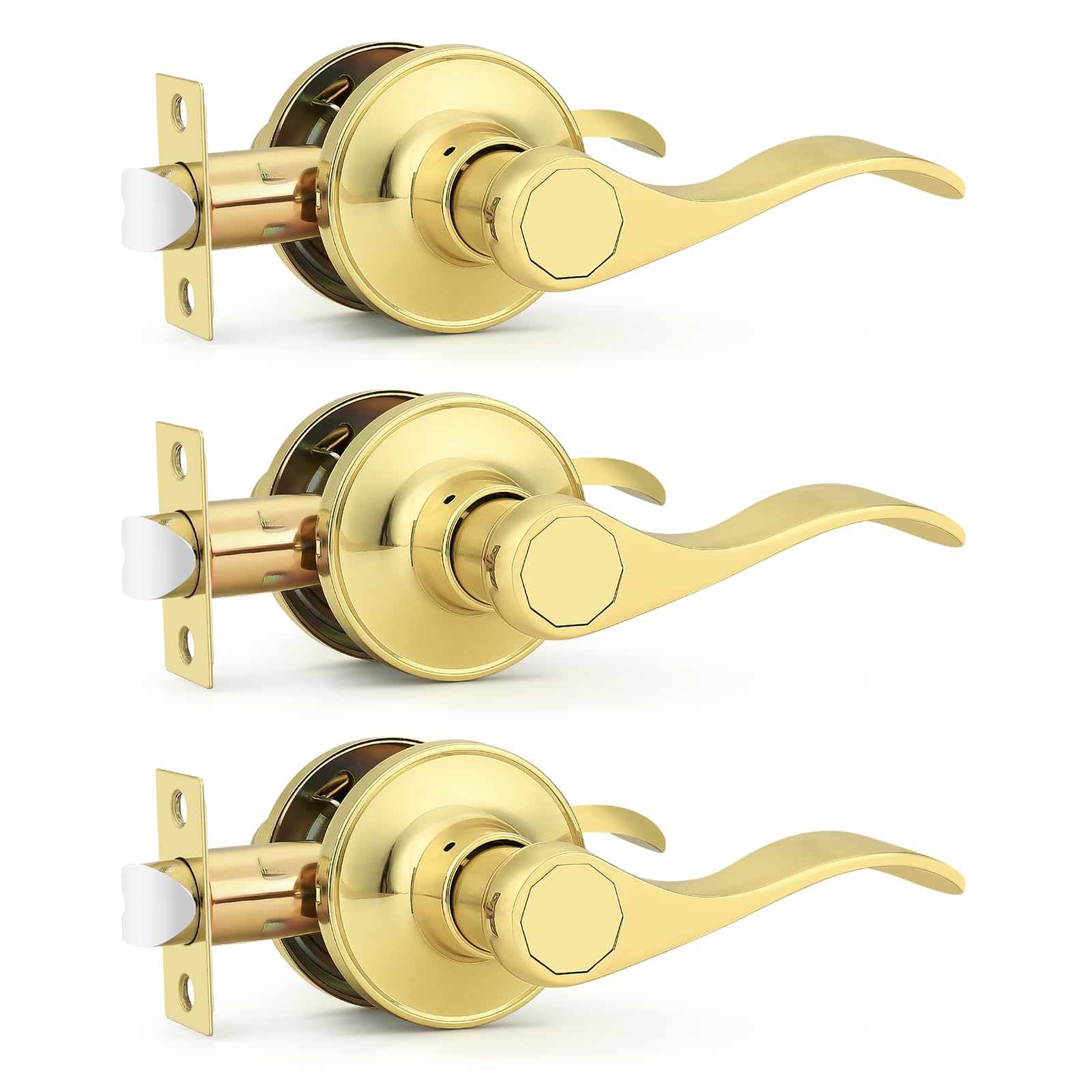 Probrico Door Handles Interior, Polished Brass Passage Door Lever, Closet Hallway Door Handle Lock Wave Style, 3 Pack Image