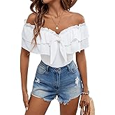 WDIRARA Women's Off Shoulder Frill Trim T Shirts Layered Ruffle Trim Tops