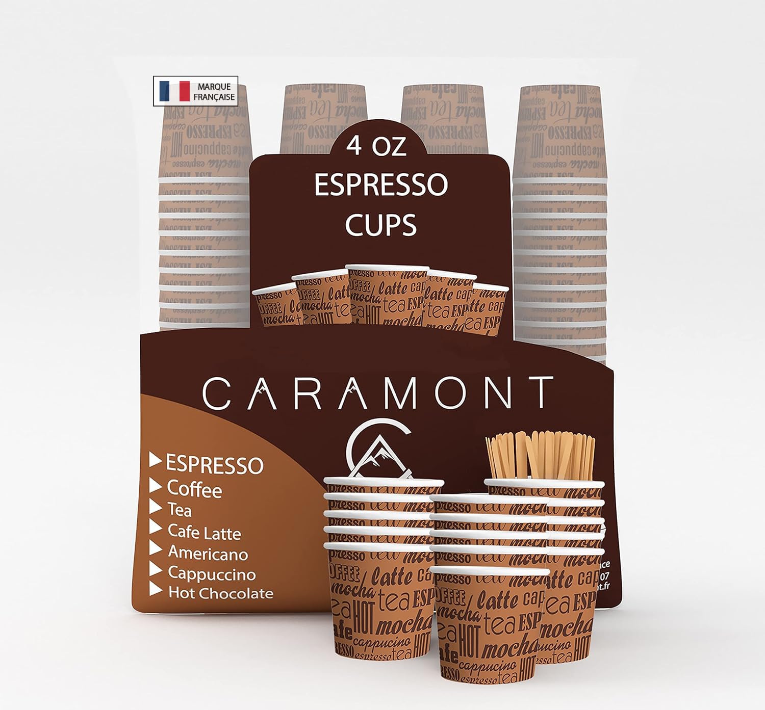 Caramont, 4 oz 400 Espresso Cardboard Cups with Wooden Stirrers, Environmentally Friendly and Disposable, Heat-Resistant, Quality Cardboard, Ideal for All Hot Drinks, Coffee, Tea, Chocolate etc.