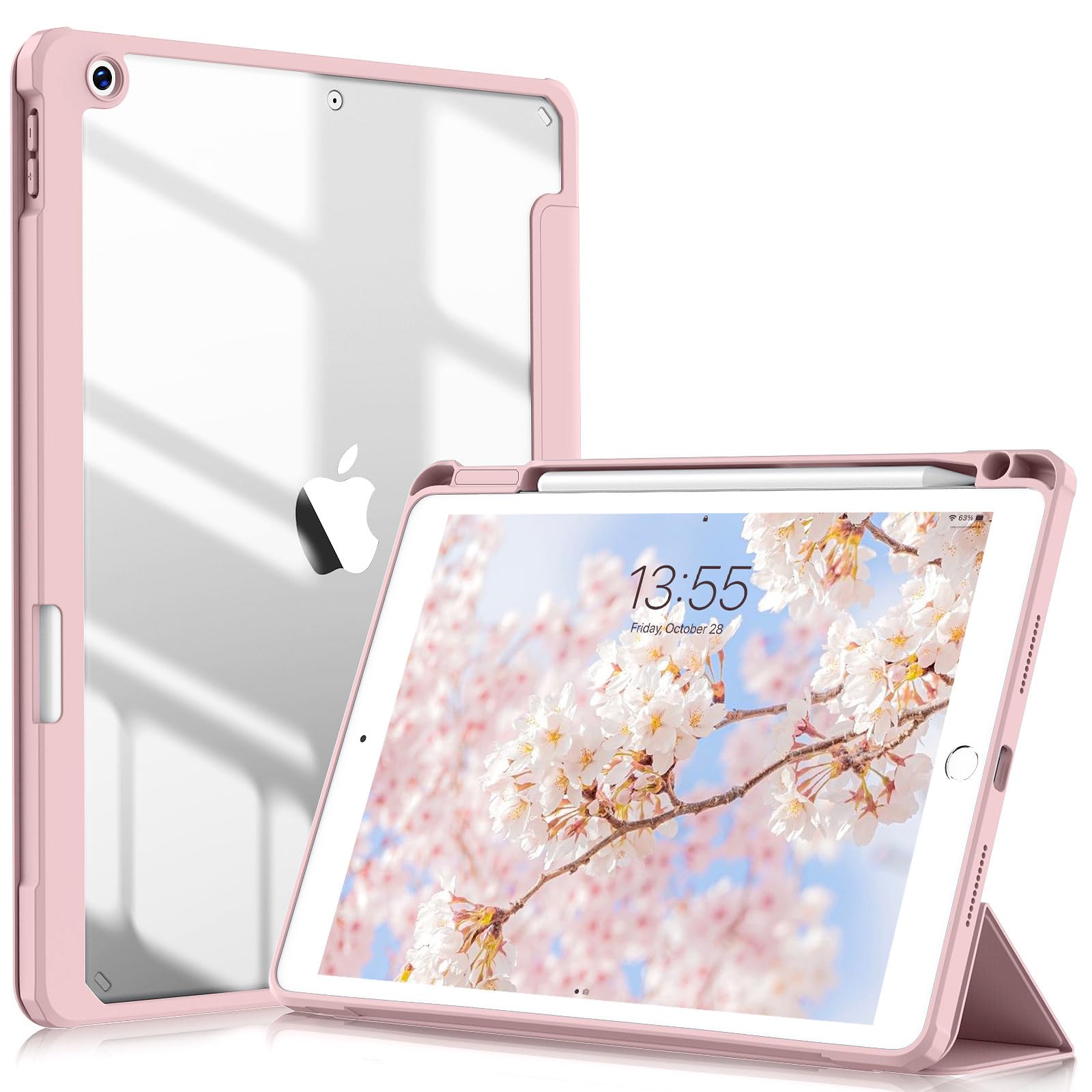 ZOYU Case for iPad 9th/8th/7th Generation 10.2 Inch 2021/2020/2019, Lightweight Trifold Smart Case with Pencil Holder, Shockproof Clear Transparent Back Shell Cover, Auto Sleep/Wake, Pink