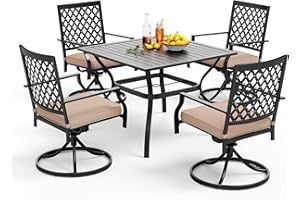 PHI VILLA 5 Pieces Outdoor Dining Set for 4, 37" Black Metal Table with Umbrella Hole & Swivel Wrought Iron Chairs with Cushions, Outside Furniture for Patio, Deck, Yard, Porch