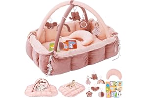 FORYOOMI 5-in-1 Plush Baby Play Gym & Activity Mat, Baby Play Mats, Baby Gym with Convertible Design, Tummy Time Mat with Pillow, 6 Sensory Toys for Newborn to Toddler, Pink