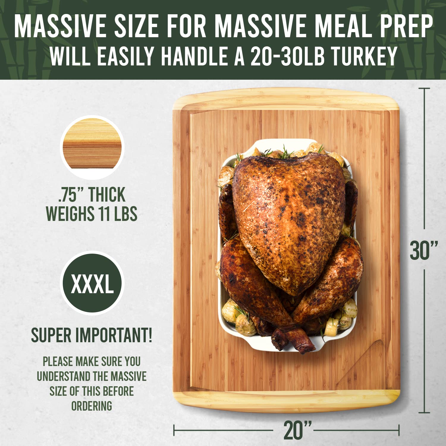 30 x 20 Organic Extra Large Cutting Board with Lifetime Replacements – Wood Bamboo Chopping Board - Wooden Butcher Block Cutting Board for Carving Turkey, Grilling Brisket and BBQ - by Greener Chef