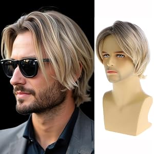 RicHyun Mens Short Layered Blonde Wig Dark Roots Synthetic Halloween Cosplay Wig