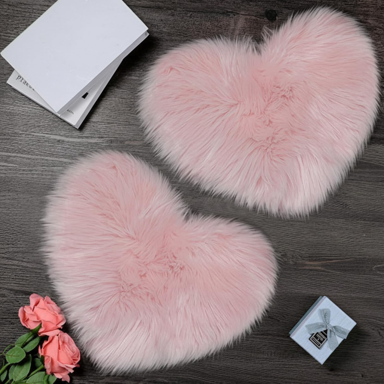 2 Pieces Fluffy Heart Shaped Rug Faux Area Rug Bushy Room Carpet for Home Living Room Sofa Floor Bedroom, 12 x 16 Inch (Pink)