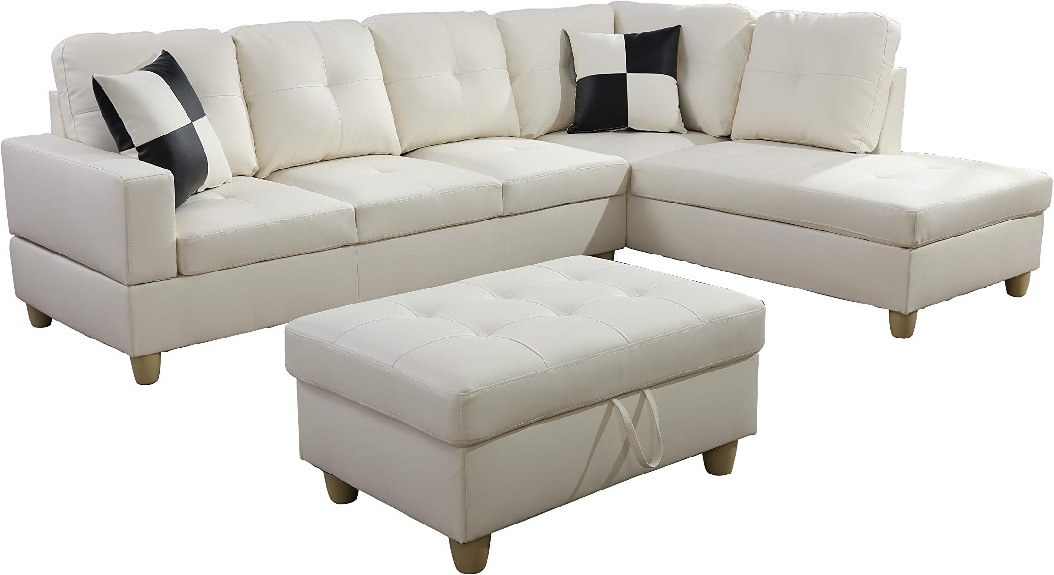 Sectional Sofa with Chaise and Storage Ottoman|3-Piece Contemporary L Shape Couch Living Room Furniture|Faux Leather Upholstery|High-Density Memory Foam Cushion|(2) Toss Pill(Right Hand Facing, White)