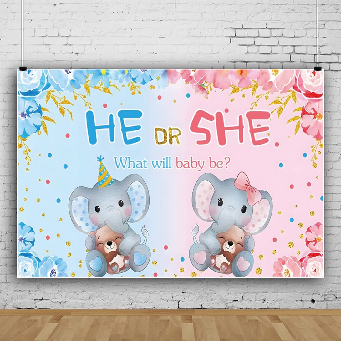Bovlleetd 5x3ft Cute Baby Elephant Photography Background Baby Gender Reveal Banner HE or She Background Blue Pink Roses Photography Backdrop for Baby Shower Decoration