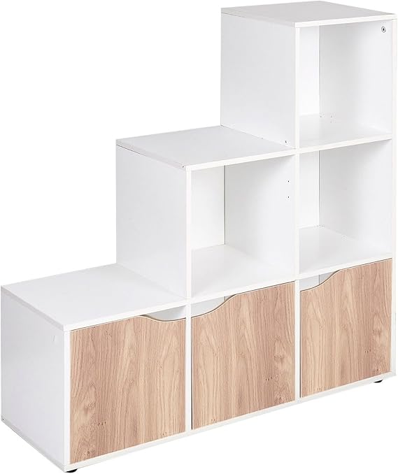 URBNLIVING 6 White Cube Step Storage Bookshelf Unit + 3 Oak Doors