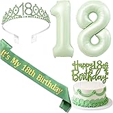 SHADOAMP 18th Birthday Decorations for Girls Sage Green, Including Happy 18th Birthday Sash and Tiara, Glitter Cake Topper and Number 18 Foil Balloon for 18 Fabulous Year Old Girl Bday Decorations