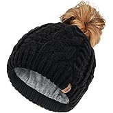 FURTALK Ponytail Beanies for Women Messy Bun Winter Hat with Tail Hole Warm Lined Knit Skull Beanie Outdoor Runner Cap