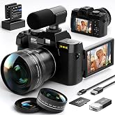 8K 64MP Digital Cameras for Photography,16X Zoom,Microphone and Dual-Lens | 180&deg;Flip Screen，2 Batteries, 32GB TF Card,WiFi, Wide &amp; Macro Lens Kit, Built-In Fill Light,Vlogging and Travel