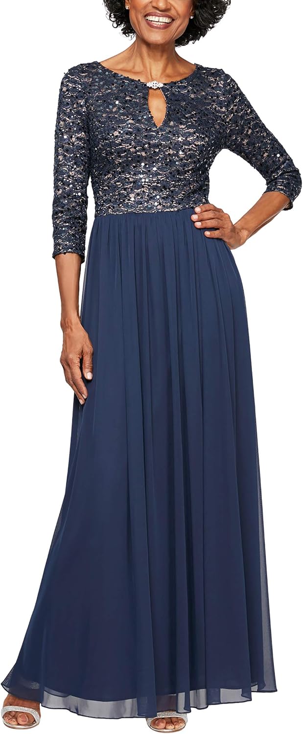 Alex Evenings Women's Long V-Neck Lace Dress with Overlay Skirt at  Women’s Clothing store