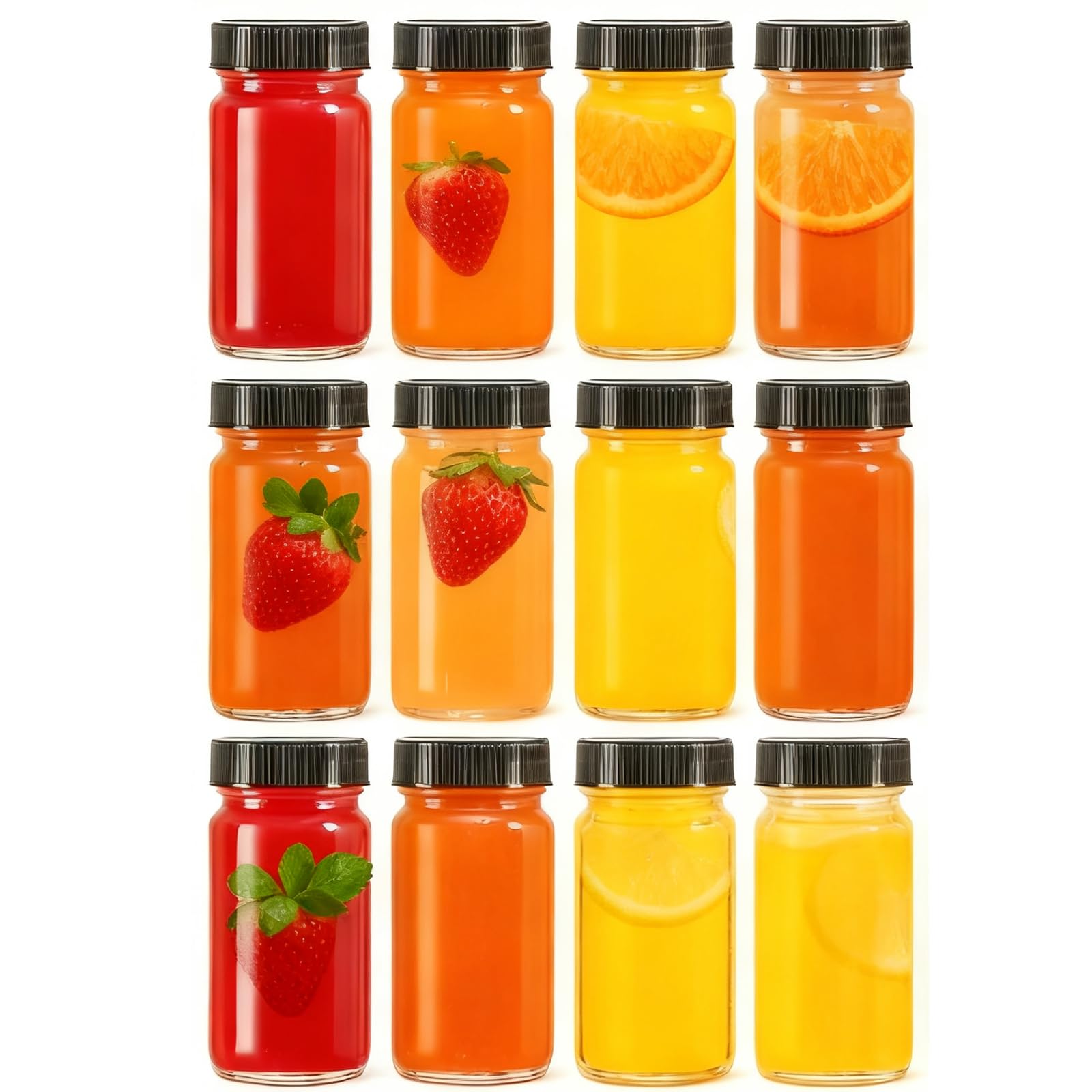 Photo 1 of 12 Pack 2 oz Glass Shot Mini Bottles with Black Lids - Reusable Leakage-Proof Small Clear Jar for Ginger, Wellness Shot, Juice, Sample, Whiskey, Essentials - Wide Mouth Containers, Dishwasher Safe