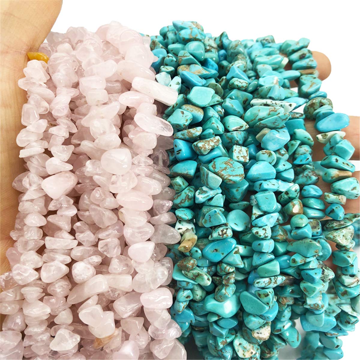 favoramulet 5-8mm Rose Quartz & Green Howlite Turquoise Tumbled Stone Chip Beads for Jewelry Making, Irregular Shaped Healing Crystal Loose Beads Strand, 66" (2 Strands)