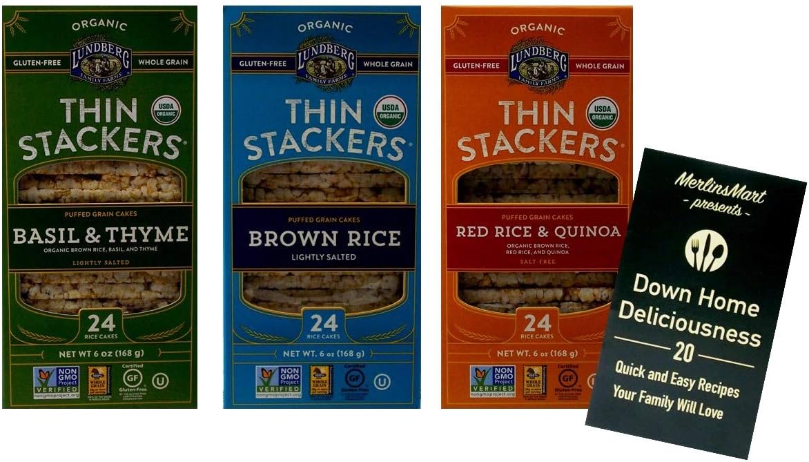 Lundberg Organic Gluten-Free Thin Stackers - Non GMO 3 Flavor Variety (1) each: Basil Thyme, Red Rice Quinoa, Brown Rice (6 Ounces) Plus Recipe Booklet Bundle