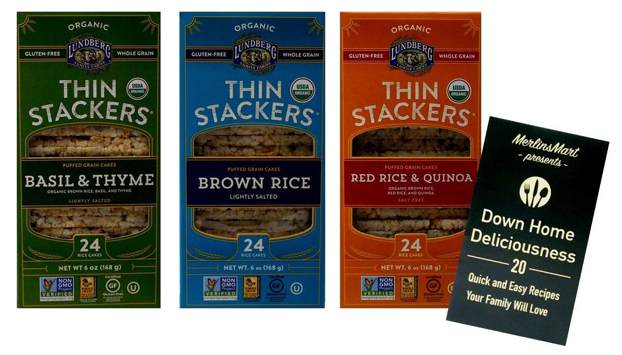 Lundberg Organic Gluten-Free Thin Stackers - Non GMO 3 Flavor Variety (1) each: Basil Thyme, Red Rice Quinoa, Brown Rice (6 Ounces) Plus Recipe Booklet Bundle