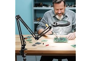 KIRKAS 12X Magnifying Glass with Light and Clamp, Extra-Long Arm Magnifying Lamp Overhead Knob for Workbench Craft Repair Sewing, LED Lighted Magnifier Real Glass Lens Stepless Dimming and Color