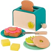B. toys Mini Chef Toaster Playset, 14-Piece Breakfast Set | Pretend play breakfast set with toaster, toast, bagels, 2 plates, butter, knife, 4 toppings, pop-up action and, 3+ Years