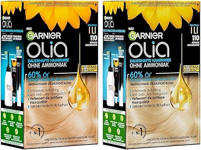 Garnier Olia 110 Kühles Aschblond Dauerhafte Haarfarbe ohne Ammoniak mit pflegenden, natürlichen Ölen, Vollständige Grauhaarabdeckung, Permanente Coloration, 1 Stück (Packung mit 2)