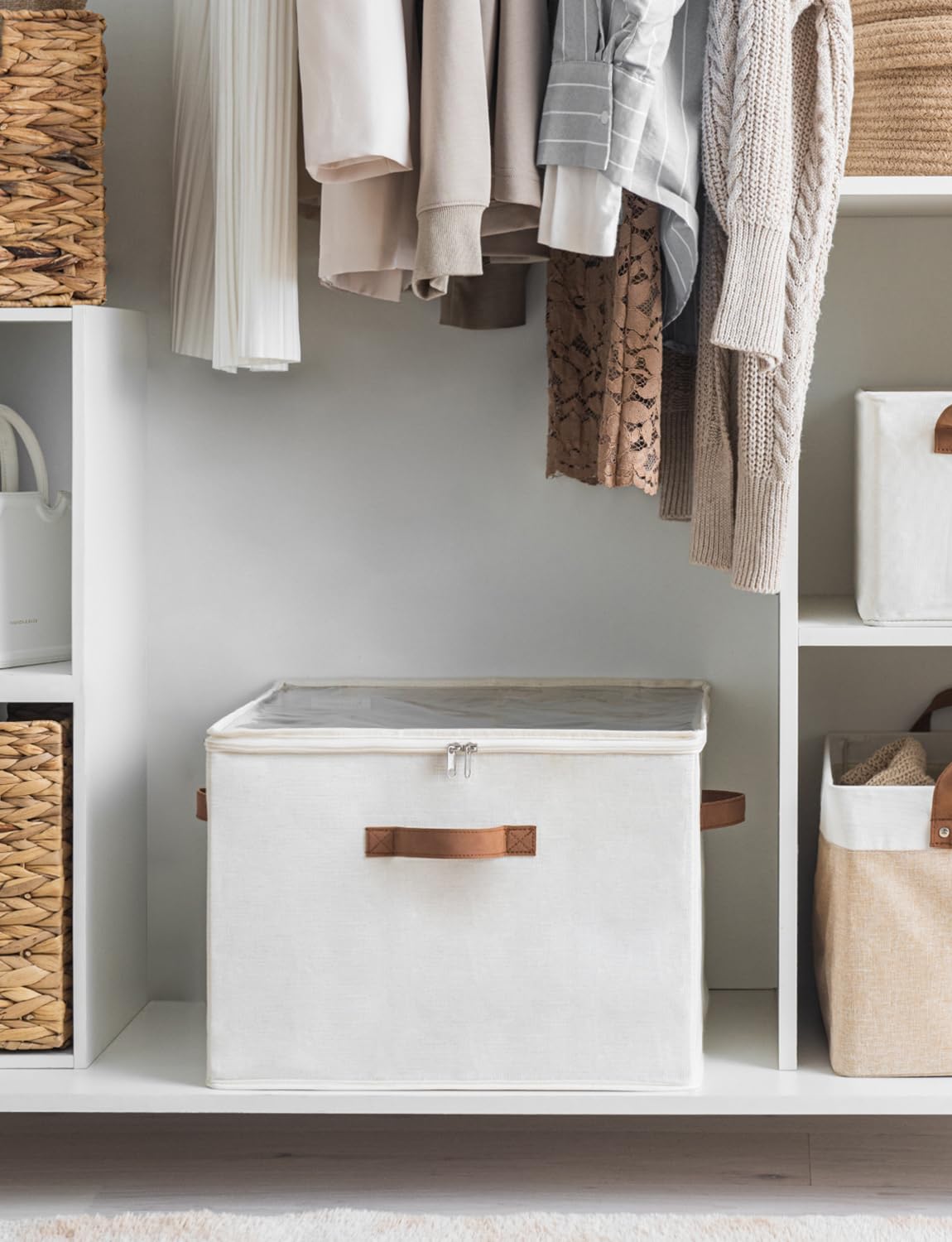StorageWorks Schuh-Organizer für Schrank, große Schuhorganizer platzsparend für bis zu 16 Paar, Stoff-Schuhkisten mit Griff, stabiler Schuh-Organizer für Stiefeletten, Schuhboxen stapelbar, beige 4