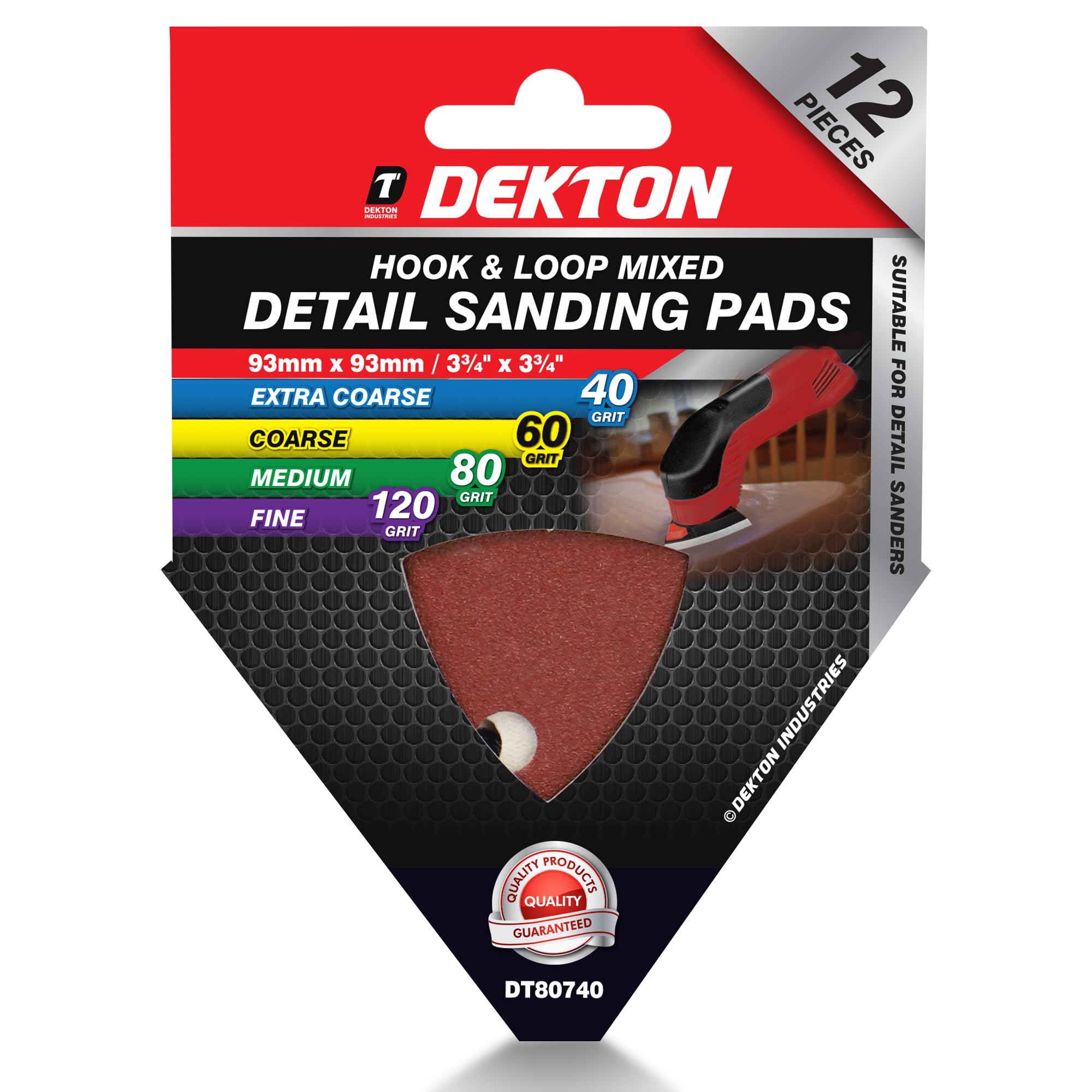 Dekton 12PC Hook and Loop Detail Sanding Pads, 93mm/Extra Coarse - Assorted | Ideal for Detail Sanders | Multi-Surface Use on Wood, Metal, Plaster, Plastics & Paint | Heavy-Duty Sanding Performance