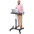 Stand Steady Cruizer Express Mobile Podium | Portable Laptop Stand with Pull Out Mouse Pad & Cup Holder | Pneumatic Sit to Stand Computer Cart with Locking Casters & Easy Cord Management (Black)