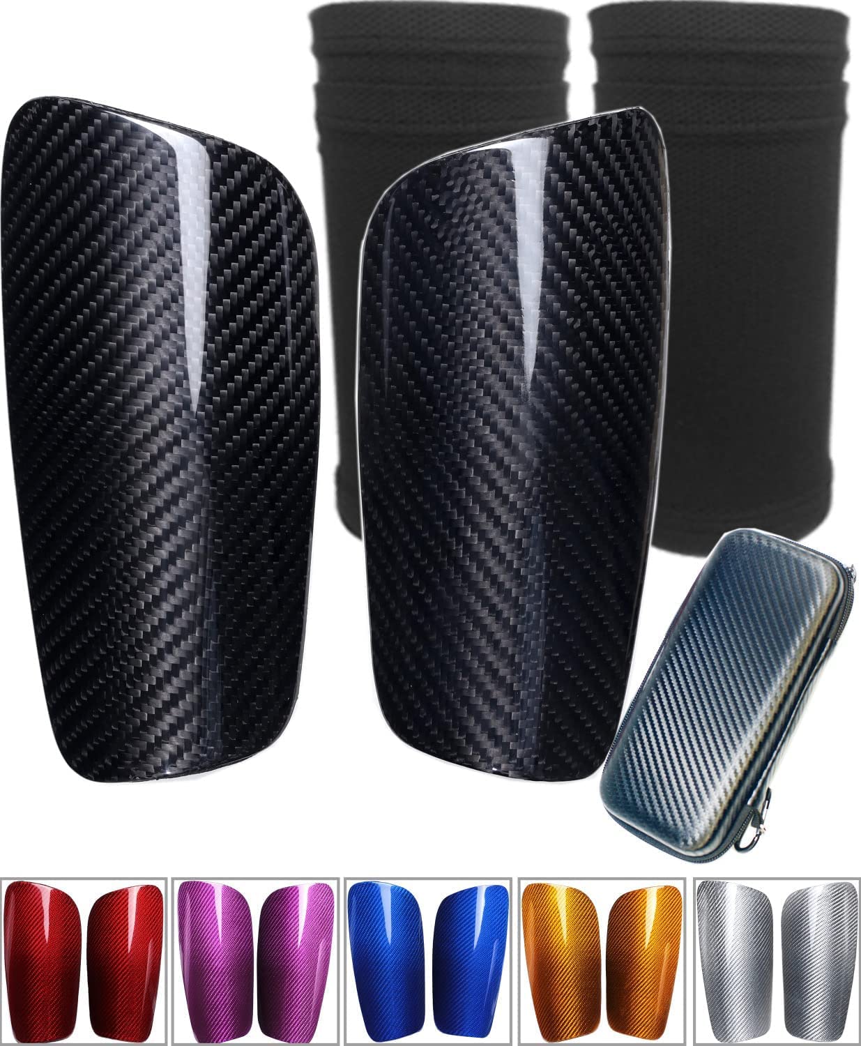 Carbon Fiber Soccer Shin Guards, with Portable Carrying Case and Sleeves, Super Strong, Ultra Light, Shock Resistance, Air Permeability, Suitable for Adult, Youth, Kid, Effective Protection