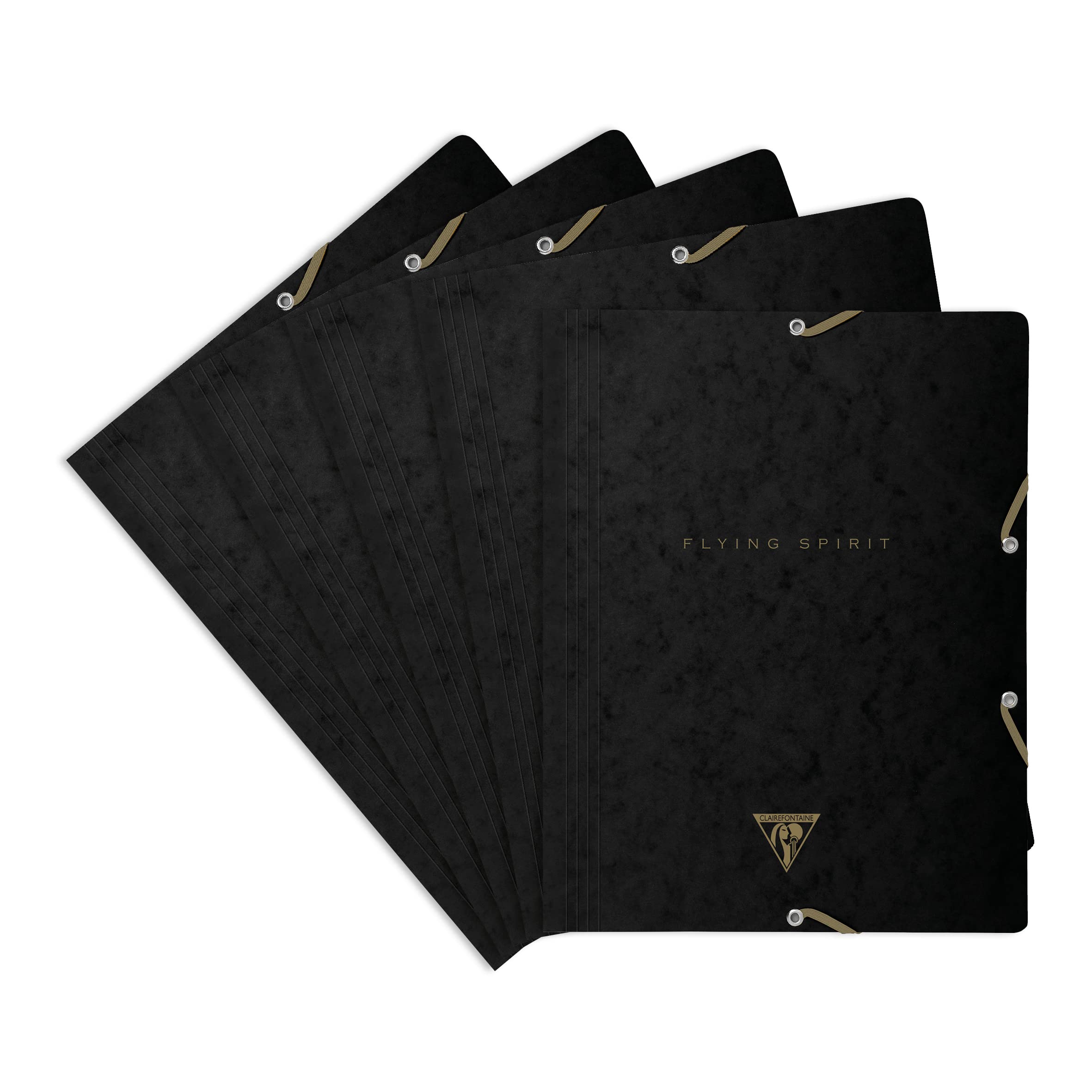 Clairefontaine 102514C - A pack of 5 folders with elastic 3 flaps Flying Spirit 24x32cm, black glossy card cover, ass pattern
