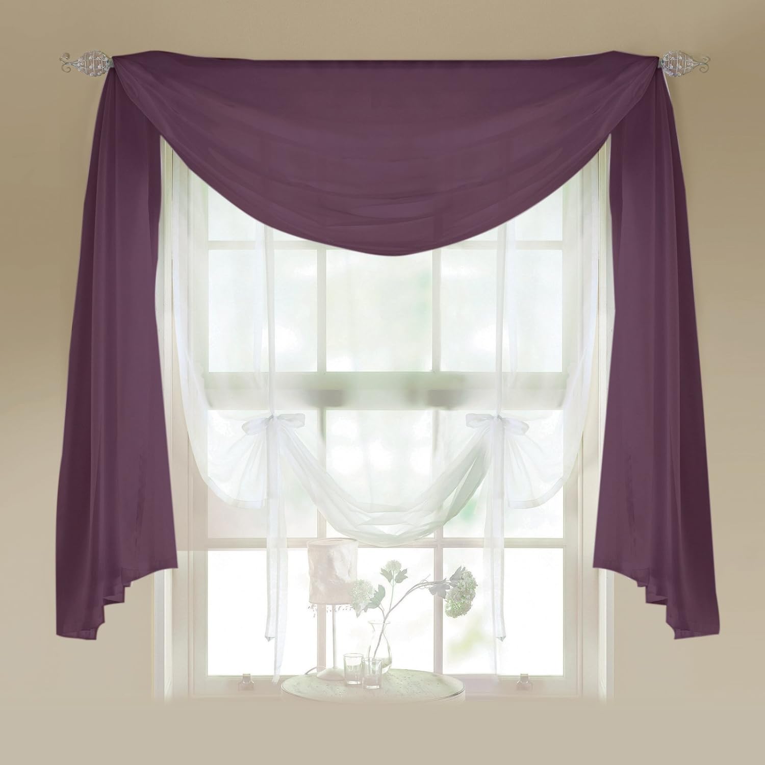 Crystal Aubergine 57 X 197 Plain Ready Made Voile Fabric Window