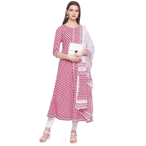 Women's Printed Cotton Flared Kurta with Dupatta (Pink)