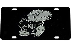 CRAFTIQUE KU Kansas Black Jayhawk Mirrored License Plate Tag