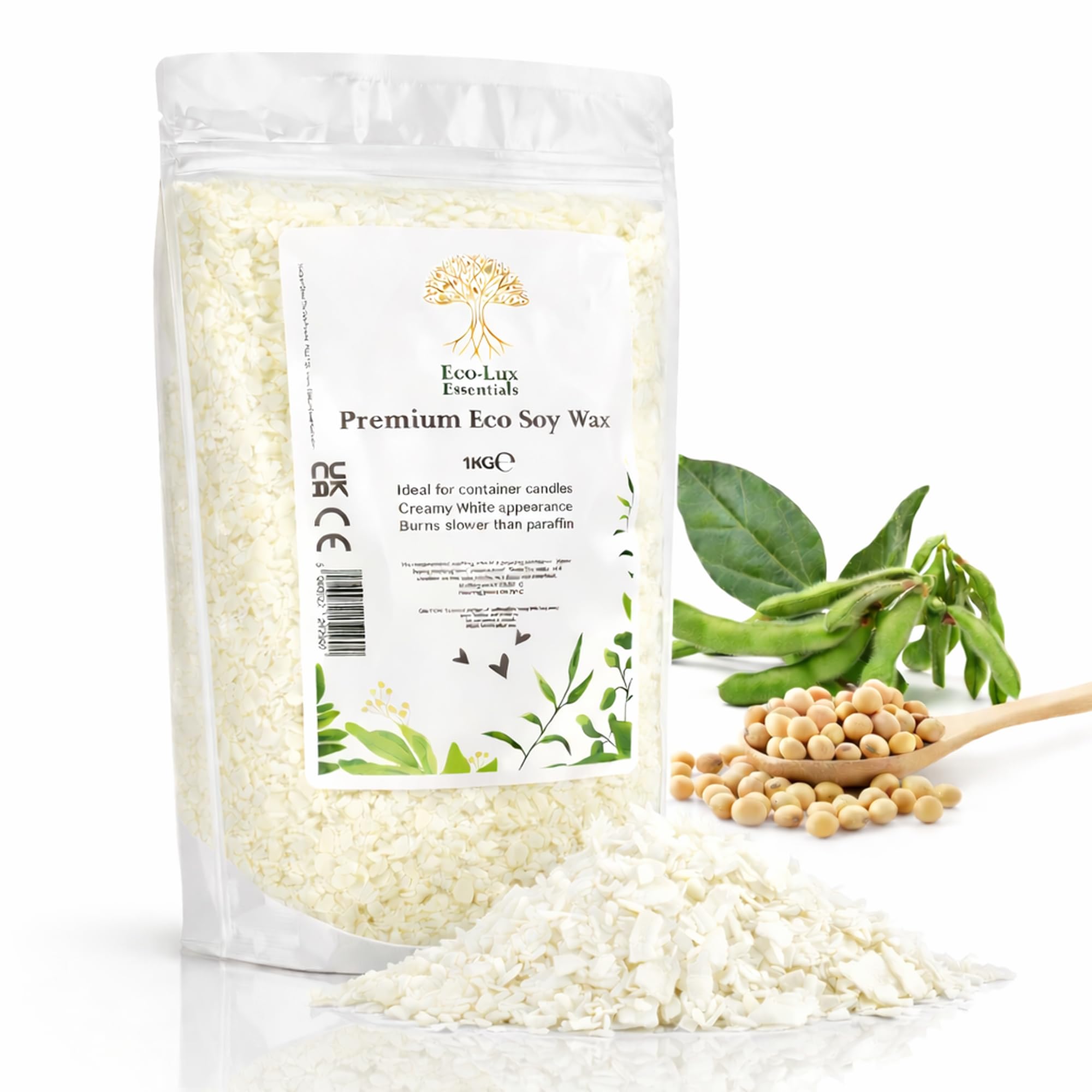 Eco Lux UK 1KG Premium Soy Wax White Flakes, 100% Natural, Vegan Cruelty Free, Organic - Candle Making Container Candles Wax Melts SOYA Wax No additives, Harmless and Pure (1KG)