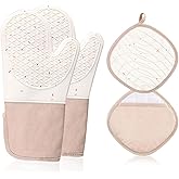 Oven Mitts and Pot Holders 4pcs Sets for Kitchen, Silicone Non-Slip Thick Long Oven Mitts for Cooking and Baking,Waterproof Non-Slip Grip Oven Glove,Kitchen Potholder Mits