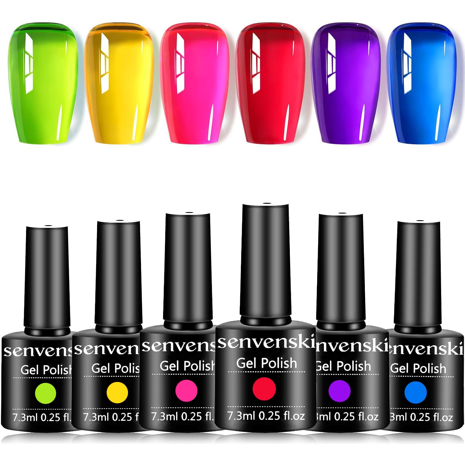 Senvenski Rainbow Jelly Gel Nail Polish Kit - Glass Neon Transparent Clear Colours with Sheer Finish Pink Red Yellow Blue Green Purple | Vegan Nail Art Kit Gift for Women Manicure Salon DIY(BT6-004)