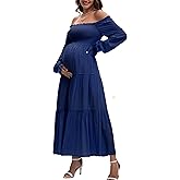 JINDIIM Women's Fall Long Sleeve Maternity Maxi Dress Flowy Tiered A Line Photoshoot Baby Shower Dress