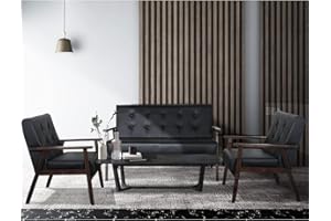 AODAILIHB Leather Sofa Couch Set 2 Accent Chairs & 1Loveseat Black Faux Leather Loveseats Mid Century Modern Office Couch for Small Space Waiting Room Living Room Furniture (3, Black)