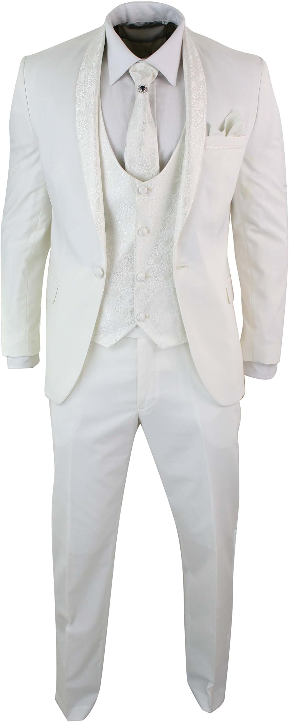 TruClothing Mens Party Suit Tuxedo 5 Piece Diamonte Trim Cream Ivory